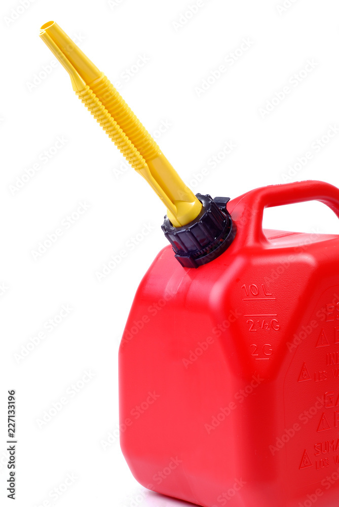 Red Plastic Petrol Gas Can With Spout White Background Red Plastic Petrol Gas Can With Spout White Background