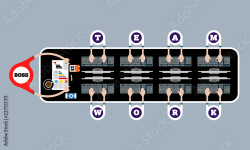 Office desk with topic of teamwork. Vector concept for  printed materials, website, promotional materials.