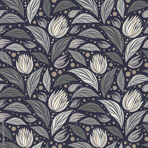 Seamless vector floral pattern with abstract mosaic flowers in monochrome gray colors on dark background