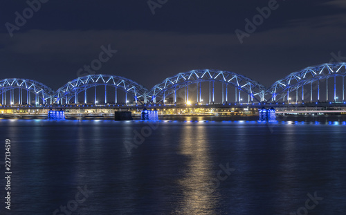 Railway bridge in the Night in Riga Latvia