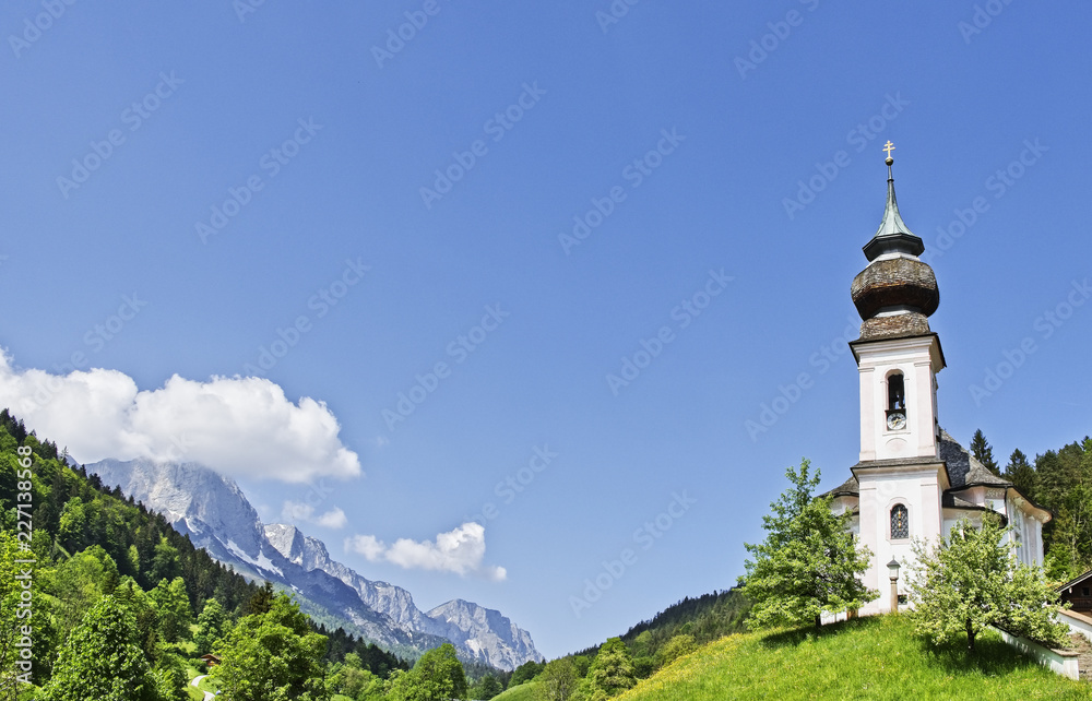 Church of Maria Gern and famous Watzmann in the background Berchtesgadener Land, Bavaria, Germany