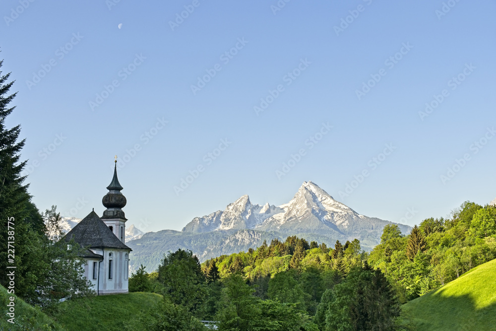 Church of Maria Gern and famous Watzmann in the background Berchtesgadener Land, Bavaria, Germany