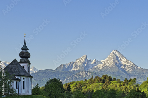 Church of Maria Gern and famous Watzmann in the background Berchtesgadener Land, Bavaria, Germany