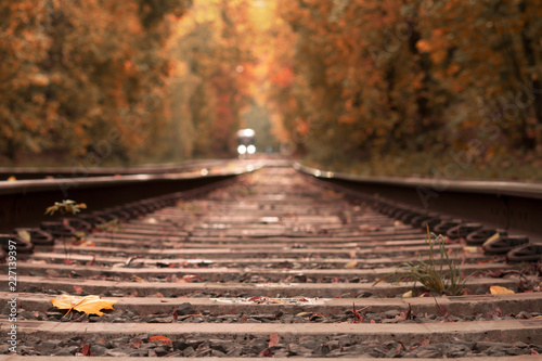 Railway going away trough beautiful autumn woods. Small blurred tram silhouette with two headlights in the distance. 