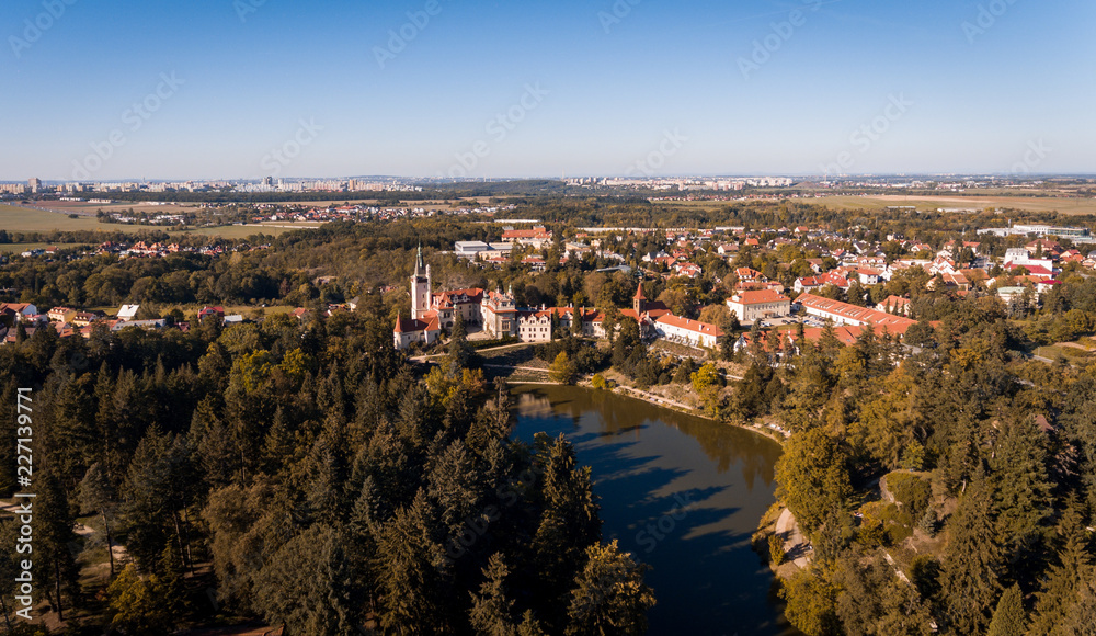 Aerial view on the lake and castle, Pruhonice, Czech republic.