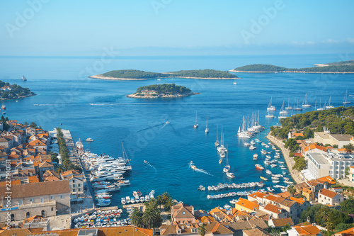 Fototapeta Naklejka Na Ścianę i Meble -  Aerial seascape view to turquoise waters of Adriatic Sea in Island Hvar Croatia. Famous sailing travel destination in Croatia, Island Hvar summer scenery in Europe.