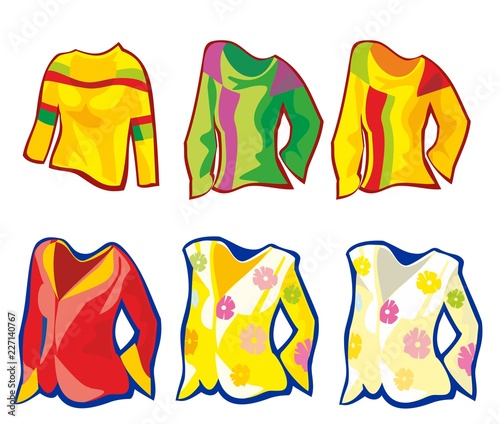 Set clothes for women. Vector flat illustration. For label washing powder colored fabrics