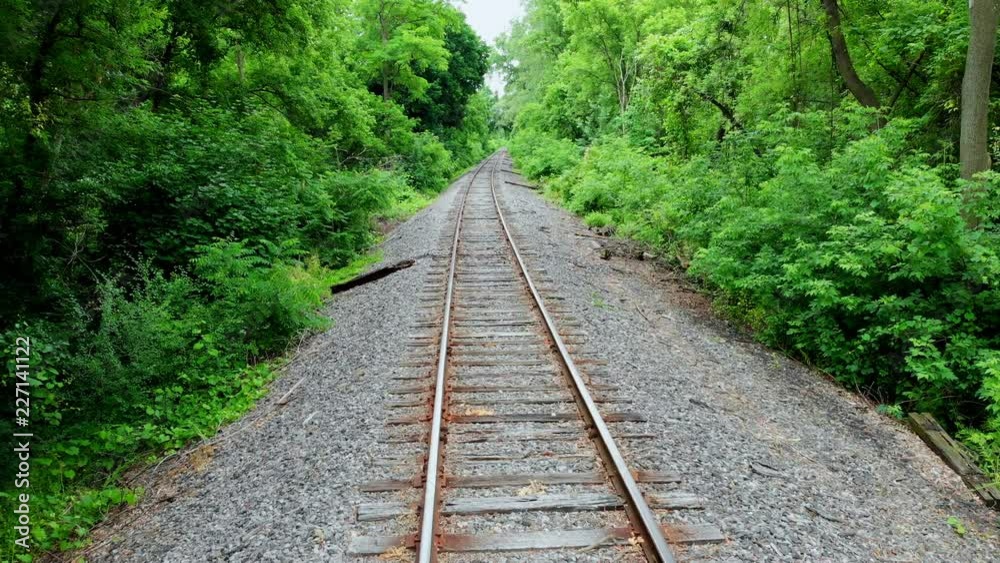Train Tracks Empty Above Point of View with Trees. moving down the middle of empty train tracks with trees and forrest on both sides Train Tracks Empty Above Point of View with Trees. moving down the middle of empty train tracks with trees and forrest on both sides