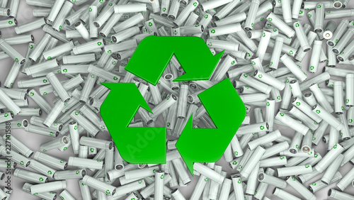 3d illustration of three colored batteries standing in the middle of a recycle symbol