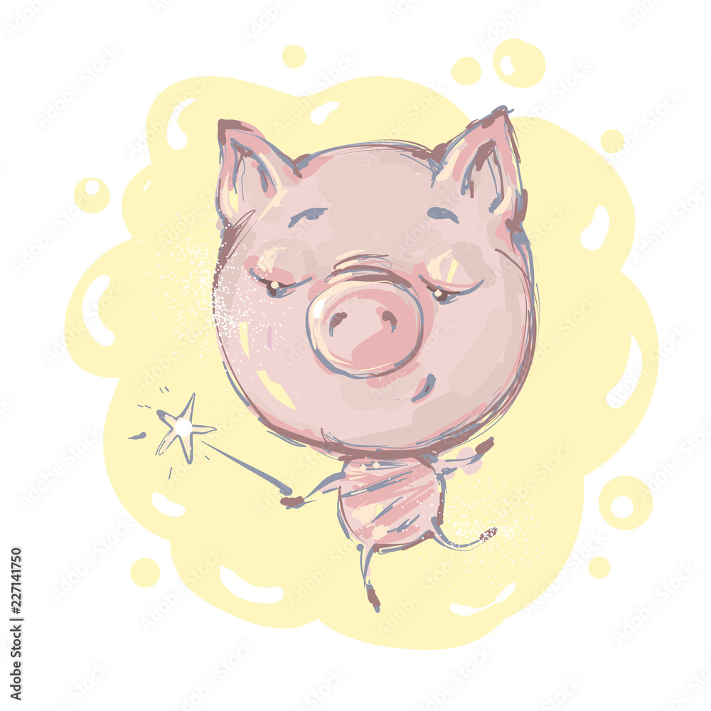 Cute little pig character with magic wand jumping and smiling vector illustration Cute little pig character with magic wand jumping and smiling vector illustration