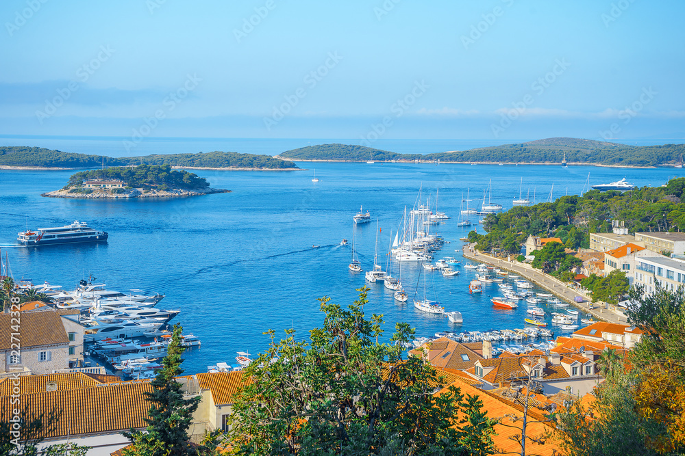 Aerial seascape view to turquoise waters of Adriatic Sea in Island Hvar Croatia. Famous sailing travel destination in Croatia, Island Hvar summer scenery in Europe.