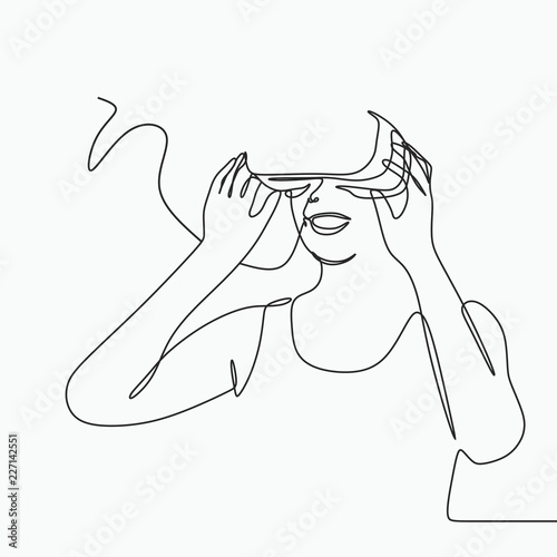 Vector girl using VR with single continuous one line art drawing. Good for virtual reality technology advertisement theme.