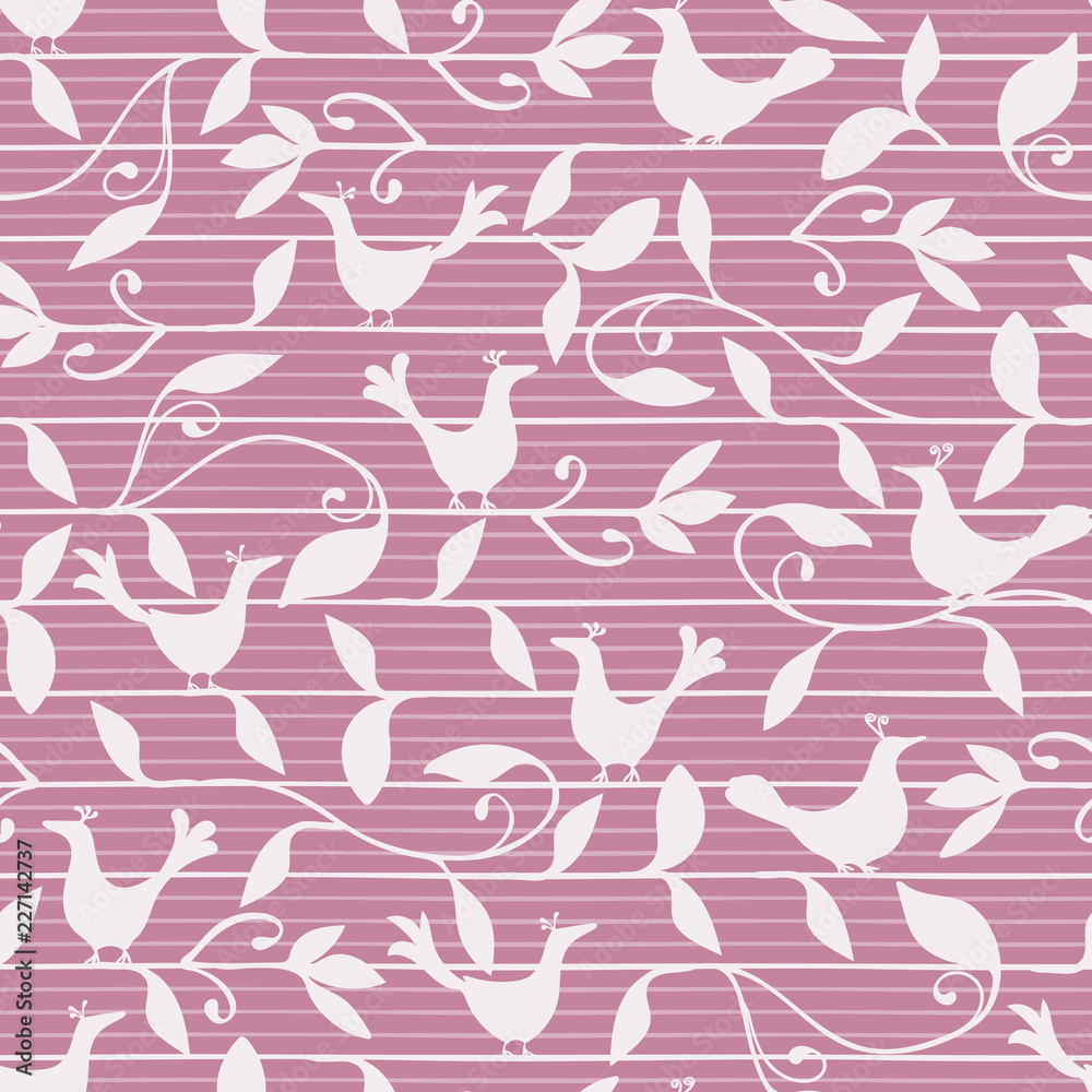 Pink seamless vector pattern with birds and foliage on stripes Pink seamless vector pattern with birds and foliage on stripes