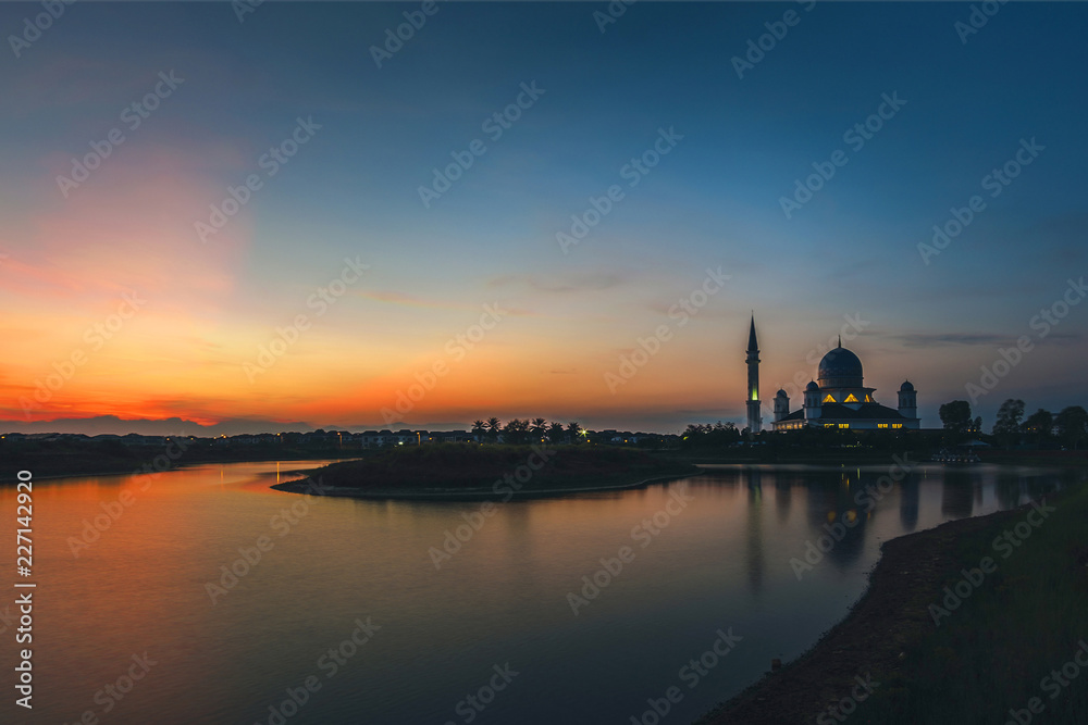 sunrise scenery at penang floating mosque. soft focus,blur due to long exposure.