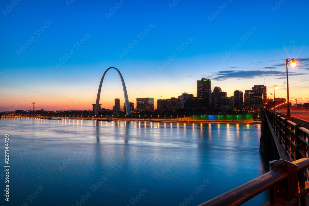 The St. Louis, Missouri skyline and Gateway Arch from Eads Bridge.