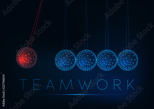 Teamwork and individual work concept with glowing low polygonal newton cradle.