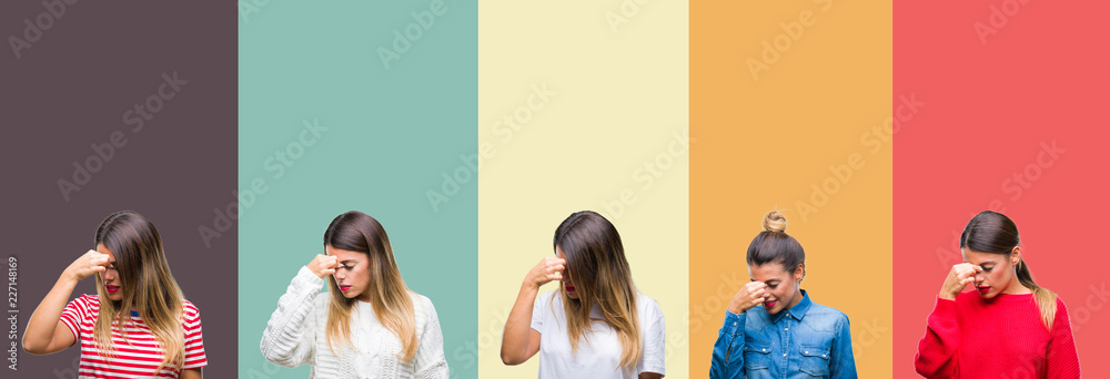 Fototapeta premium Collage of young beautiful woman over colorful vintage isolated background tired rubbing nose and eyes feeling fatigue and headache. Stress and frustration concept.