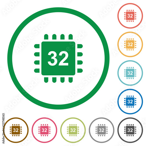 Microprocessor 32 bit architecture flat icons with outlines