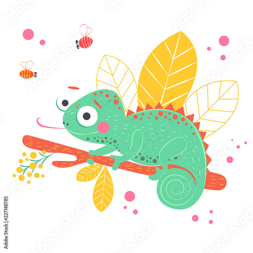 Cute green chameleon sitting on the orange branch with light yellow leaves on background, vector illustration. Art poster for nursery or kids room poster