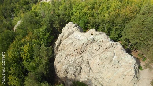 Antique Thracian Sanctuary Eagle Rocks near town of Ardino, Kardzhali Region, Bulgaria. Aerial drone footage