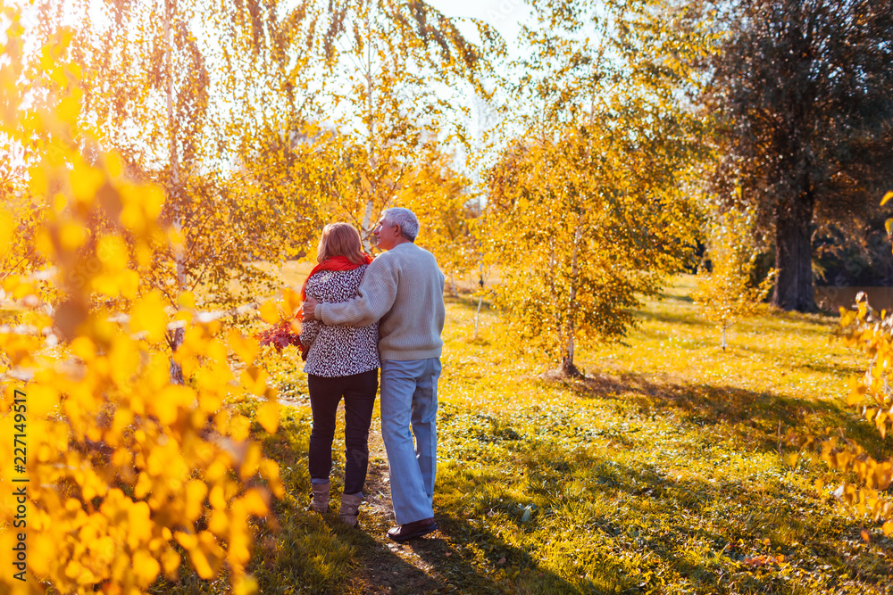 Senior couple walking in autumn forest. Middle-aged man and woman hugging and chilling outdoors