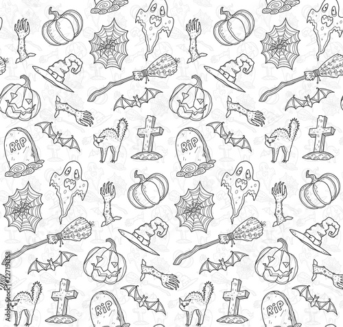 Halloween line art elements vector seamless pattern. Black and white wrapping paper background