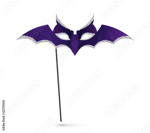 Vector Halloween carnival mask with handle, violet bat silhouette