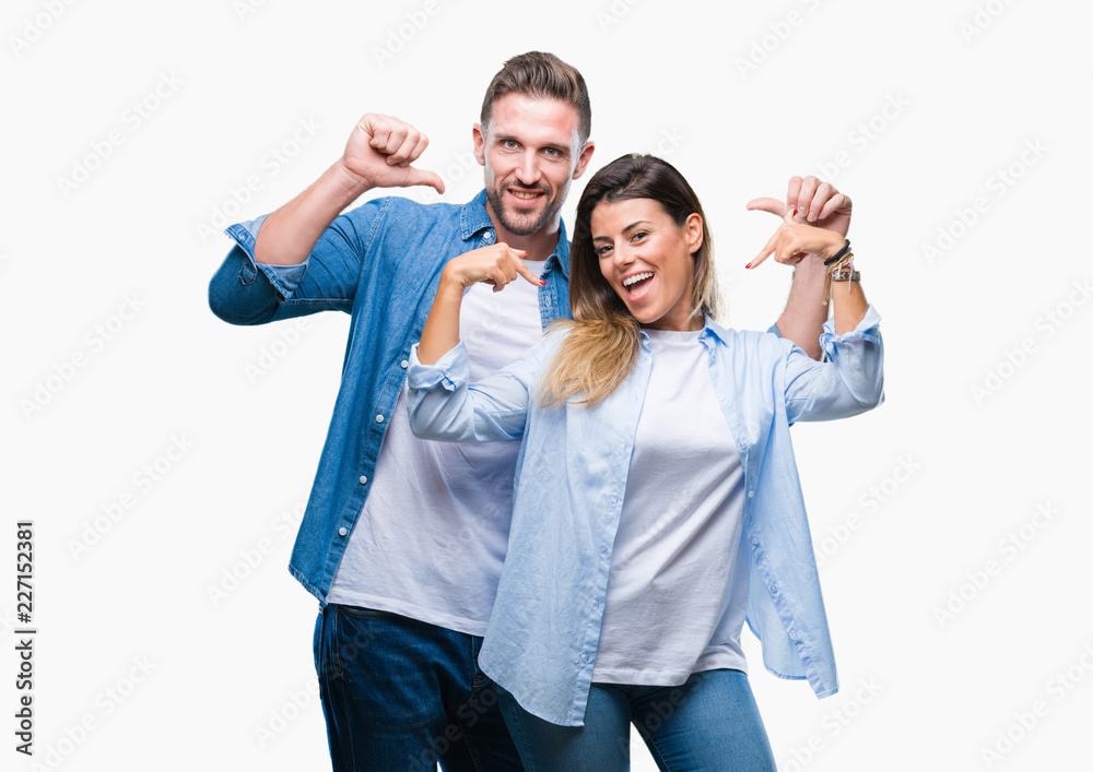 Young couple in love over isolated background looking confident with smile on face, pointing oneself with fingers proud and happy. Young couple in love over isolated background looking confident with smile on face, pointing oneself with fingers proud and happy.
