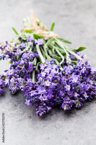 Lavender flowers  bouquet on rustic background  overhead.