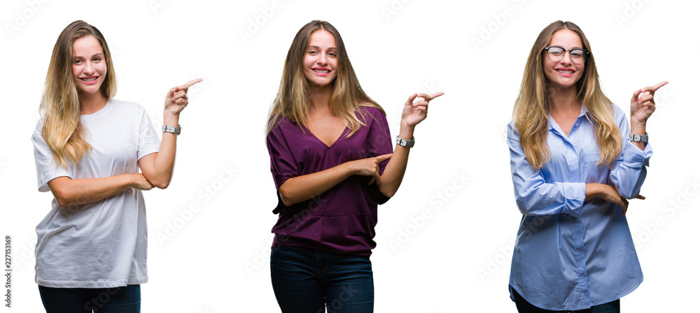 Collage of young beautiful blonde woman over isolated background with a big smile on face, pointing with hand and finger to the side looking at the camera.