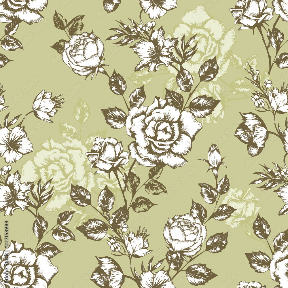 Vintage flowers roses. Seamless pattern. Vector Illustration for phone case, fabrics, textiles, interior design, cover, paper, gift packaging.