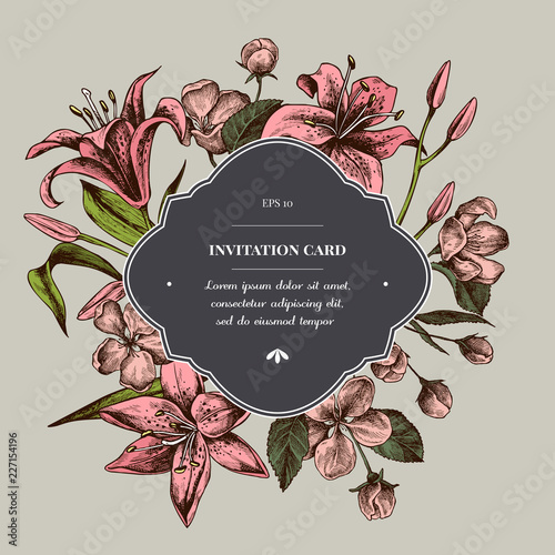 Invitation card badge over lillies. Hand drawn vector illustration