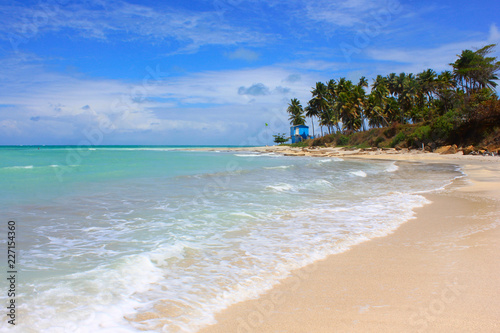 Beach of Ilha de Itamaracá: blue sky, turquoise water, palm trees, rocks.