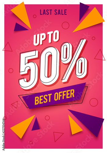Trendy flat geometric vector banner with sales best offer up to 50% in retro poster design style. Flyer with vintage shapes in modern neon colors.