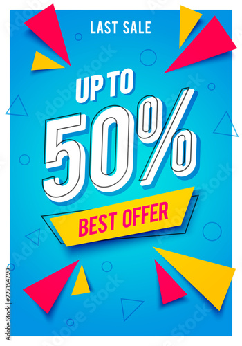 Trendy flat geometric vector banner with sales best offer up to 50% in retro poster design style. Flyer with vintage shapes in modern neon colors.
