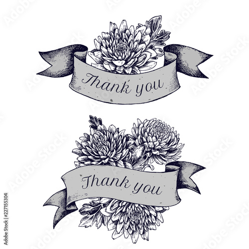 Ribbon design of asters with thank you sing. Hand drawn vector illustration