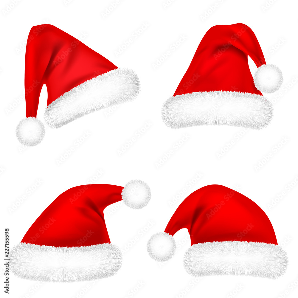 Christmas Santa Claus Hats With Fur Set. New Year Red Hat Isolated on White Background. Winter Cap. Vector illustration. Christmas Santa Claus Hats With Fur Set. New Year Red Hat Isolated on White Background. Winter Cap. Vector illustration.