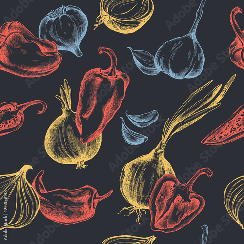 Vector seamless pattern of onions , garlic and peppers. Hand drawn vector illustration
