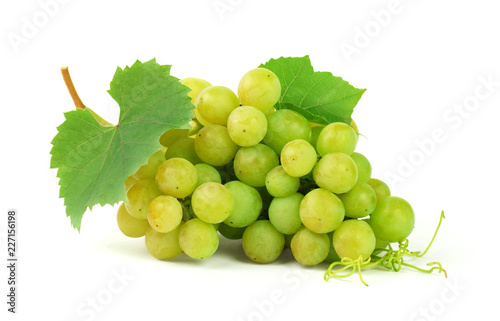 Bunch of grapes with leaves, isolated on white background with shadow.Autumn time. Harvest. Diet.