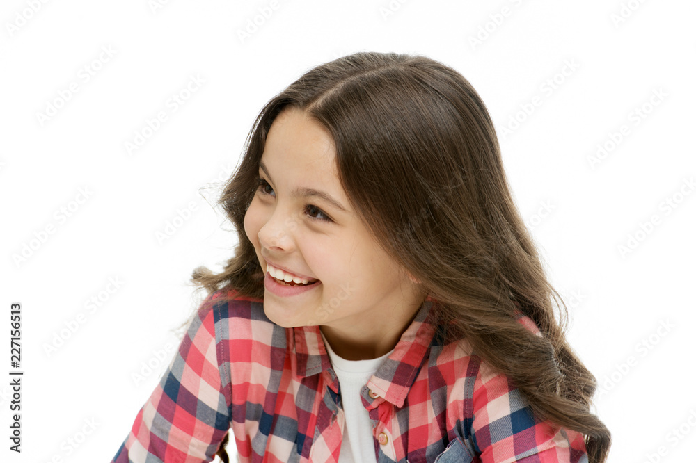 Kid with cheerful face and brilliant smile isolated on white. Emotions concept. Sincere emotional child. Girl laugh emotional face. Humor and react funny story. Childhood and happiness concept Kid with cheerful face and brilliant smile isolated on white. Emotions concept. Sincere emotional child. Girl laugh emotional face. Humor and react funny story. Childhood and happiness concept