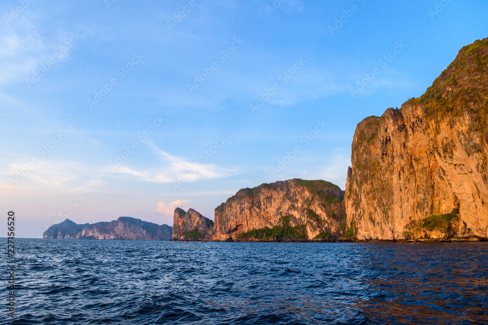 Rocks cliffs in sunset, Phi Phi Leh islands, Andaman sea, Krabi,
