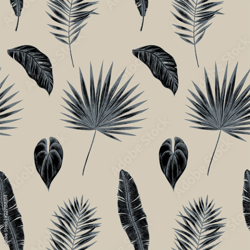 Vector seamless pattern of palm leaves. Hand drawn vector illustration
