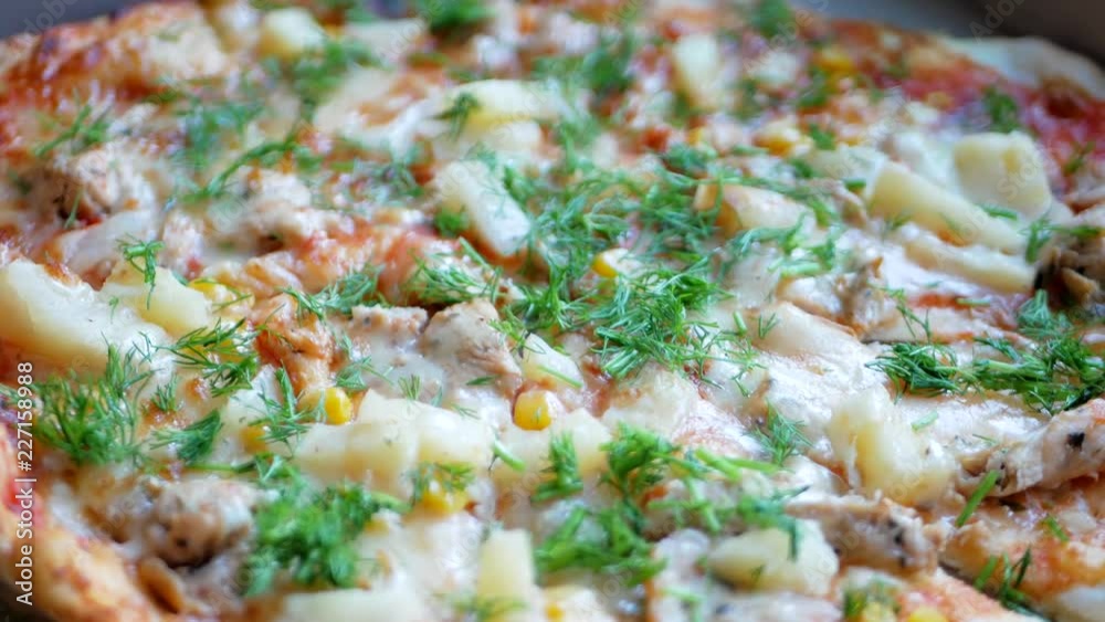 Fresh hot pizza with hot cheese, mussels, olives, parsley and dill Fresh hot pizza with hot cheese, mussels, olives, parsley and dill