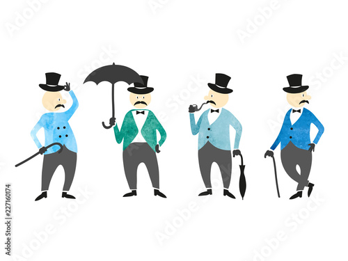 Set of victorian gentlemen. Vector hand drawn collection of characters.