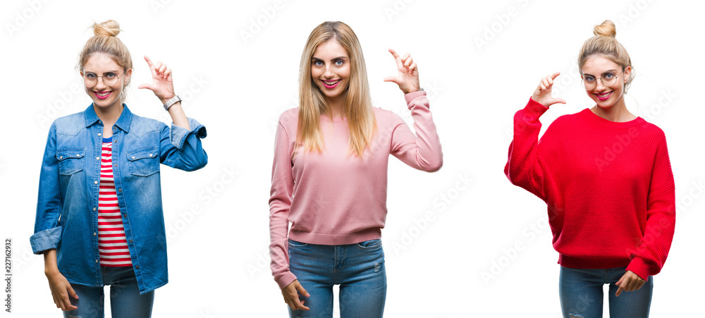 Collage of young beautiful blonde woman over isolated background smiling and confident gesturing with hand doing size sign with fingers while looking and the camera. Measure concept.