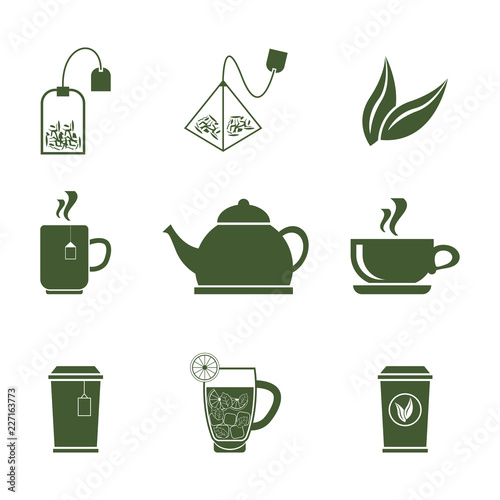 Green Tea Icons Set on White Background.