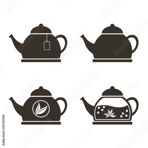 Set of 4 teapots. Porcelain, glass, with brewed tea bag.