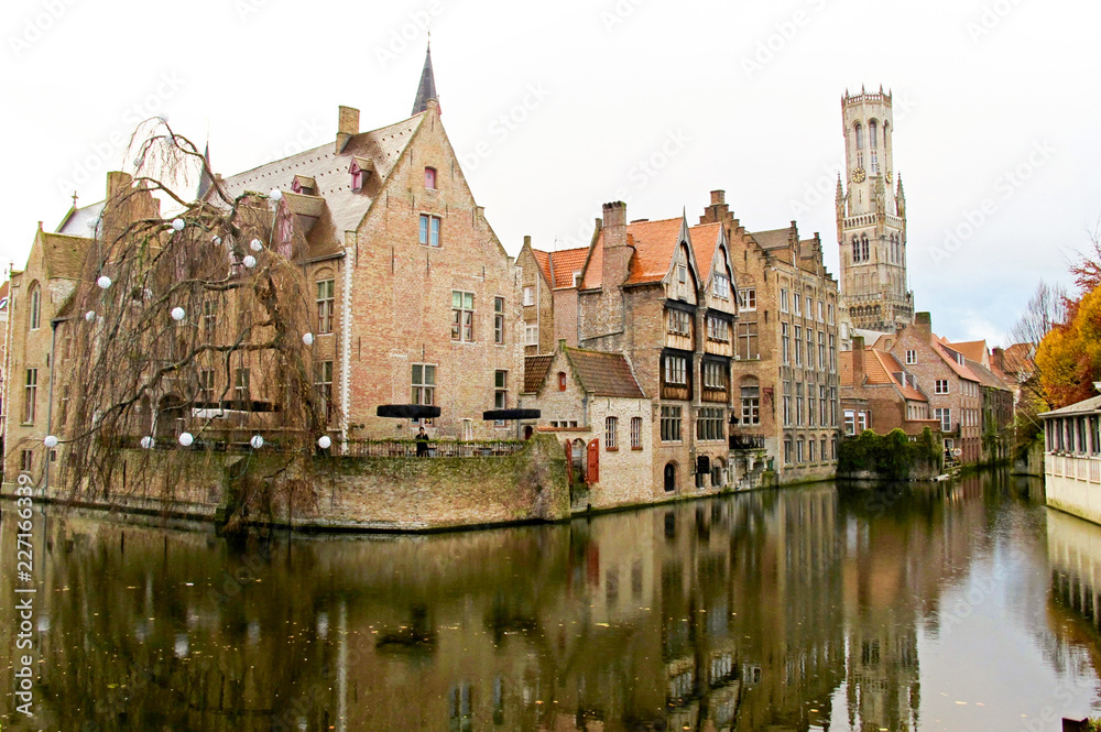 Brugge/Belgium - Autumn. Old town buildings on the canal.