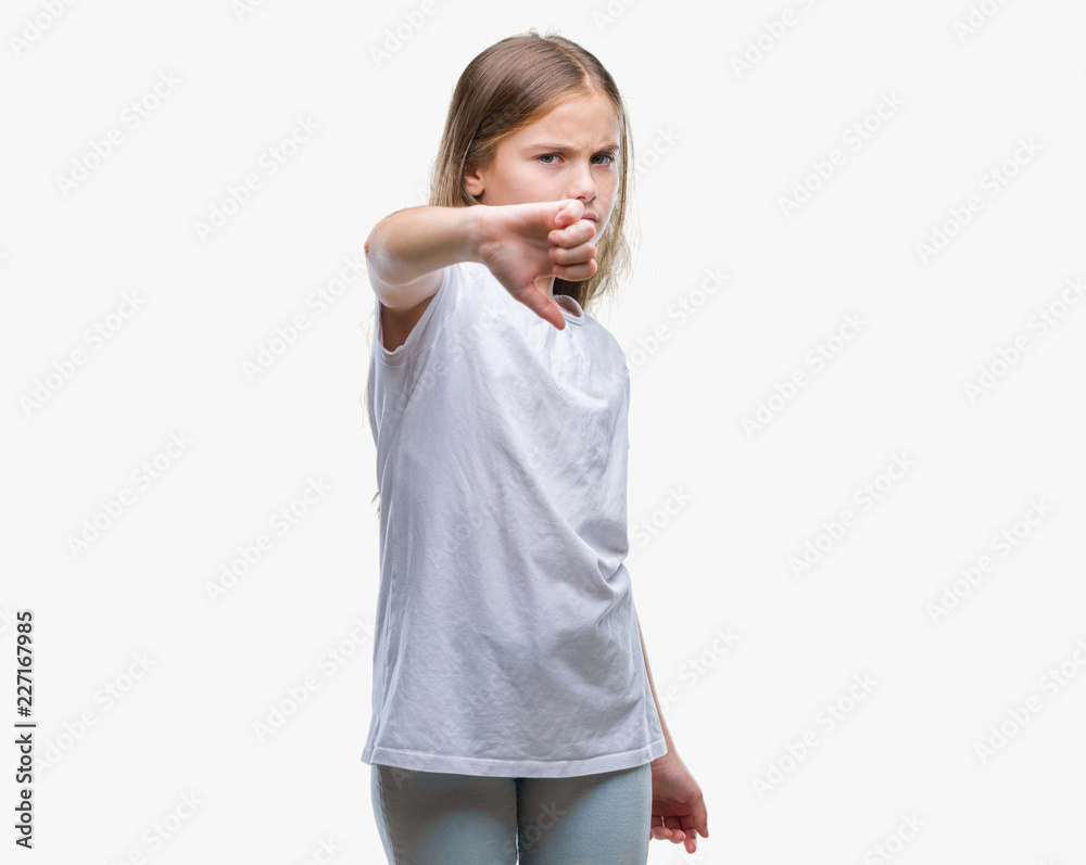 Young beautiful girl over isolated background looking unhappy and angry showing rejection and negative with thumbs down gesture. Bad expression. Young beautiful girl over isolated background looking unhappy and angry showing rejection and negative with thumbs down gesture. Bad expression.