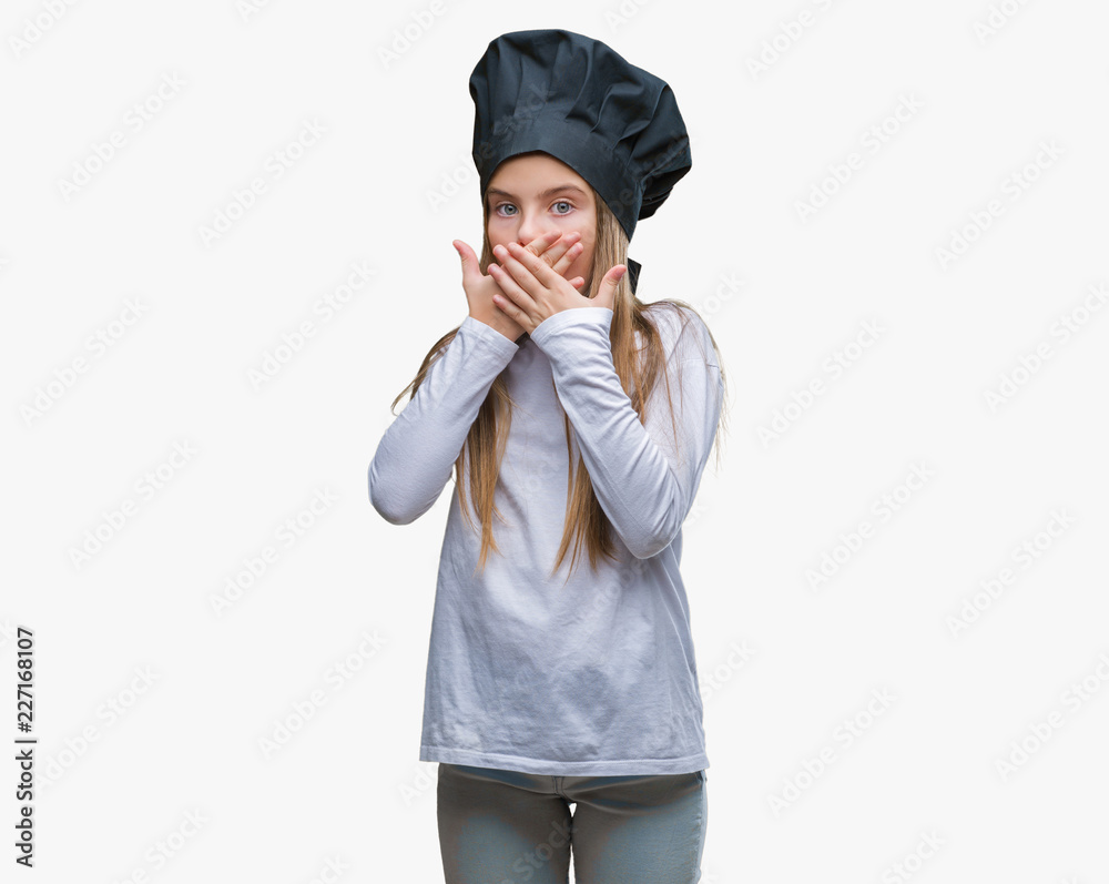 Young beautiful girl wearing chef hat uniform over isolated background shocked covering mouth with hands for mistake. Secret concept. Young beautiful girl wearing chef hat uniform over isolated background shocked covering mouth with hands for mistake. Secret concept.